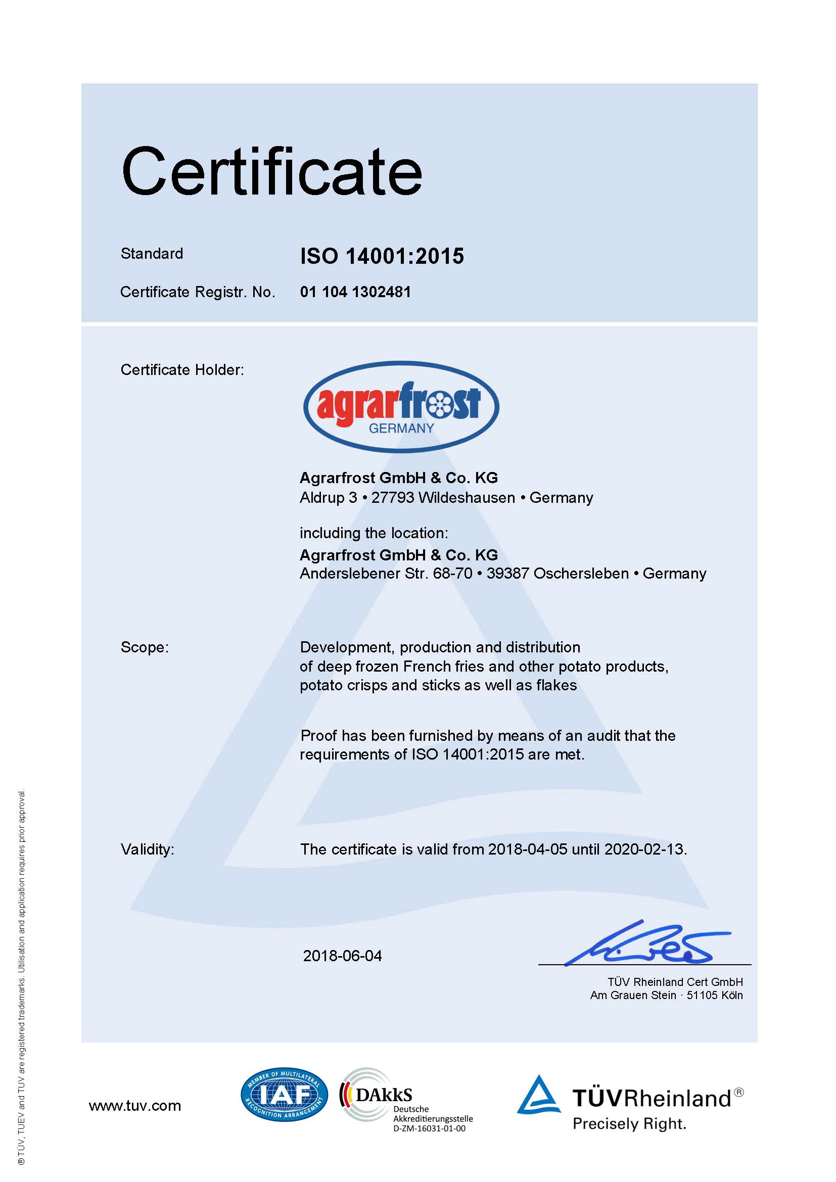 Certificación Agrarfrost ISO 14001